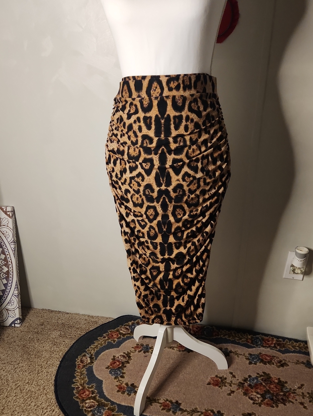 Leopard Print Ruched Midi Skirt - Tan & Black